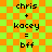 Pixelated text on a green and orange checkered background with two identical static frames showing 'chris + kacey = bff' in black font.