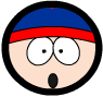 Two circular cartoon faces with blue caps, red headbands, and black outlines; left face has wide eyes and open mouth, right face has closed eyes and open mouth.