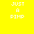 Yellow background with white text "JUST A PIMP" and blue rectangular bars in four distinct configurations across the image
