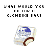 A static image with a white background showing a Klondike bar illustration and text, alongside a of six identical red-haired characters in school uniforms with changing text above them
