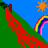 Pixelated scene with green hill, red streaks, rainbow, sun; black background with red text reading 'OH NO!!!', 'Heh heh... He's got HE'S DEAD!!!headbanger hair...', 'LOL!!!!!!'