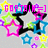 Pixelated star-themed animation with layered neon stars and text overlays on a light gray background.