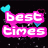 Pixelated text icons with heart symbols on black background, displaying 'best times', 'best memories', and 'best friends' in pink and blue lettering.
