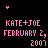 Pixelated pink text on black background with two heart symbols above, displaying 'KATE+JOE FEBRUARY 2, 2007' in a static layout.