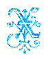 Blue and white pixelated ornate design with symmetrical swirls, loops, and central cross-like structure on gray background.
