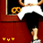 A pixelated character with large eyes and a white shirt sits on a red surface, holding yellow objects while wearing black shorts.
