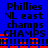 Blue background with black text reading 'Phillies', 'NL east', 'champs', and 'CHAMPS' in stacked lines, red horizontal bars below the text.
