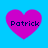Four identical pink hearts on a blue background, each containing the text 'Patrick' in dark pixelated font.