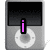 Pixelated digital artwork of two gray MP3 player icons with black screens and white circular controls, displaying text elements in purple, green, and cyan.