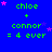 Blue background with green text 'chloe + connor = 4 ever' and pink stars, arranged in a with a gray rectangle in the bottom-right corner