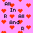 Pixelated pink background with scattered red hearts and black text fragments reading 'All', 'In', 'R', 'And' in a repeating pattern.
