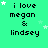 Green background with repeated text 'i love megan & lindsey' in black pixelated font, scattered white and light green stars, and a gray rectangle in bottom-right corner.