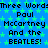 Blue background with green star pattern, repeated text "Three Words Paul McCartney And the BEATLES!" in black pixelated font across three