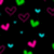 Pixelated heart shapes in pink, green, and cyan float against a black background with no visible text or additional elements.