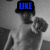 A black-and-white image of a shirtless person with dark hair holding an object, overlaid with changing blue and green pixelated text.