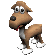 Pixelated cartoon dog with brown fur, white paws, and red collar; head turned left in first frame, right in second.