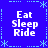 Blue background with four identical white text blocks reading 'Eat Sleep Ride' arranged in a , surrounded by light blue decorative borders and asterisk-like symbols