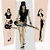A pixelated figure in a black top and shorts stands in a doorway with arms extended, flanked by two smaller figures on either side.