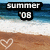 Pixelated beach scene with 'summer 08' text overlay, white heart drawn in sand, blue water and sky background.