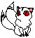 Pixelated white cat-like creature with red eyes and pink inner ears, shown in two side-by-side poses against gray background.