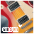 Pixelated guitar body with red and orange hues, black pickups, white text 'GIBSON' at bottom left, small heart symbol above text changing color between frames.