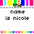 Pixelated text on white background with colorful striped borders above and below, displaying phrases about 'nicole' and 'so totally rocks'.