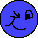Five blue circular pixel art faces with distinct expressions on a gray background, including winking, grinning, sticking out tongue, crying, and angry.