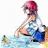 Pixelated figure with red hair in a white shirt and blue shorts sits on water's edge holding an object, with small green item nearby.