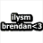 Pixelated black-and-white text 'ilysm brendan<3' on white background with a blurred grayscale image of a person wearing a cap and holding a green object.