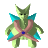 Pixelated green creature with pointed ears, black eyes, and a blue gem at its chest, wearing a teal shoulder piece and pink cross-shaped garment against gray background.