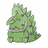 Pixelated green creature with purple spots, brown accents on limbs and face, and a rounded body shape against white background.