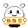 Pixelated character with white rounded head, black square eyes, red cheeks, and yellow banner reading 'BBS' holds hearts above its head.