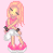 Pixel art buddy icon featuring a cartoon girl with pink hair and yellow face standing on a pink platform, surrounded by black text phrases on a light pink background.
