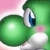 Green cartoon character with large blue eye and white mouth, pink background, static image