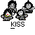 Pixel art contact sheet showing two animated frames of a cartoon character group with text elements on gray background.
