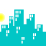 Pixelated cityscape with teal buildings and yellow suns on white background, animated across four