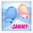 Pixelated static image shows a blue balloon and a light brown-haired figure with pink text reading 'SANDY' at the bottom.