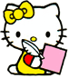 Hello Kitty character with yellow bow, holding pink paper and white feather pen; one version shows closed eyes while the other has open eyes.
