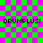 Green and pink checkered background with repeated 'DRUMPLUS!' text in black pixelated font, two gray overlays on right side