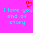 A static pixel art image with a bright pink background, cyan text, and a red heart symbol.