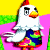 Pixelated chicken character with red comb, orange beak, and blue dress stands against yellow-green-pink background; green text reads 'Original Icons .com' on dark green