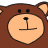Brown bear face with light orange muzzle, two black eyes above a stylized 'I' symbol on the muzzle.