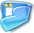 Pixelated blue and white icon with two yellow circular elements at top left, a white rectangular section, and a curved light blue shape on the right.