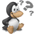 Pixelated penguin with black and white body, orange beak and feet, standing against gray background with four question marks floating nearby.