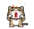 Pixel art cat with brown and white fur, red collar, orange flames on head, mouth open in a shout, paws raised holding an object.