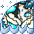 Pixelated character with blue hair and eyes, wearing a white and blue outfit, positioned against a gray background with blue star shapes.