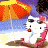A 48x48 pixel animated buddy icon featuring a cartoon cat on a beach with an orange sun, transitioning to a green background with text "Original Icons .com".