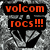 A grayscale buddy icon with a black diamond-shaped symbol on textured background, featuring red text overlay reading 'volcom rocs!!!' in top-left corner.