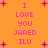 Pixelated orange background with pink text and purple star shapes, displaying repeated phrases 'I LOVE YOU JARED ILU' in a