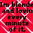 Red background with white diamond pattern and repeated black text "Im blonde and lovin every minute of it" in pixelated font.
